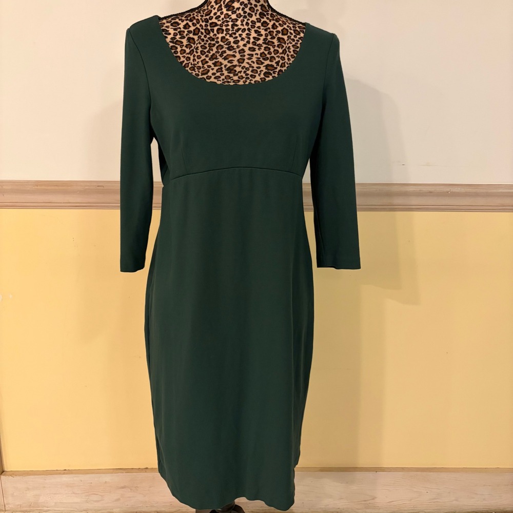 Talbots Petites Hunter Green‎ Ponte Knit Empire Waist Sheath Dress 8P 3/4 Sleeve